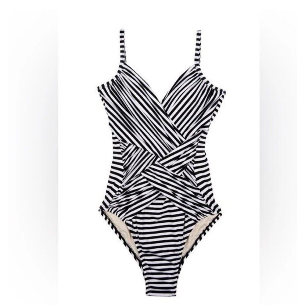 Merona One Piece Black /White Stripe Bathing Swim Suit Size Small New
